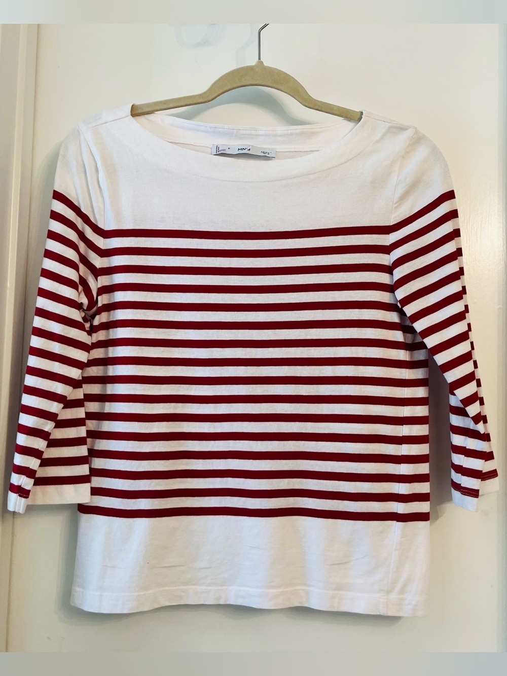 Mango Red & White Striped Boatneck 3/4 Long Sleeve Top